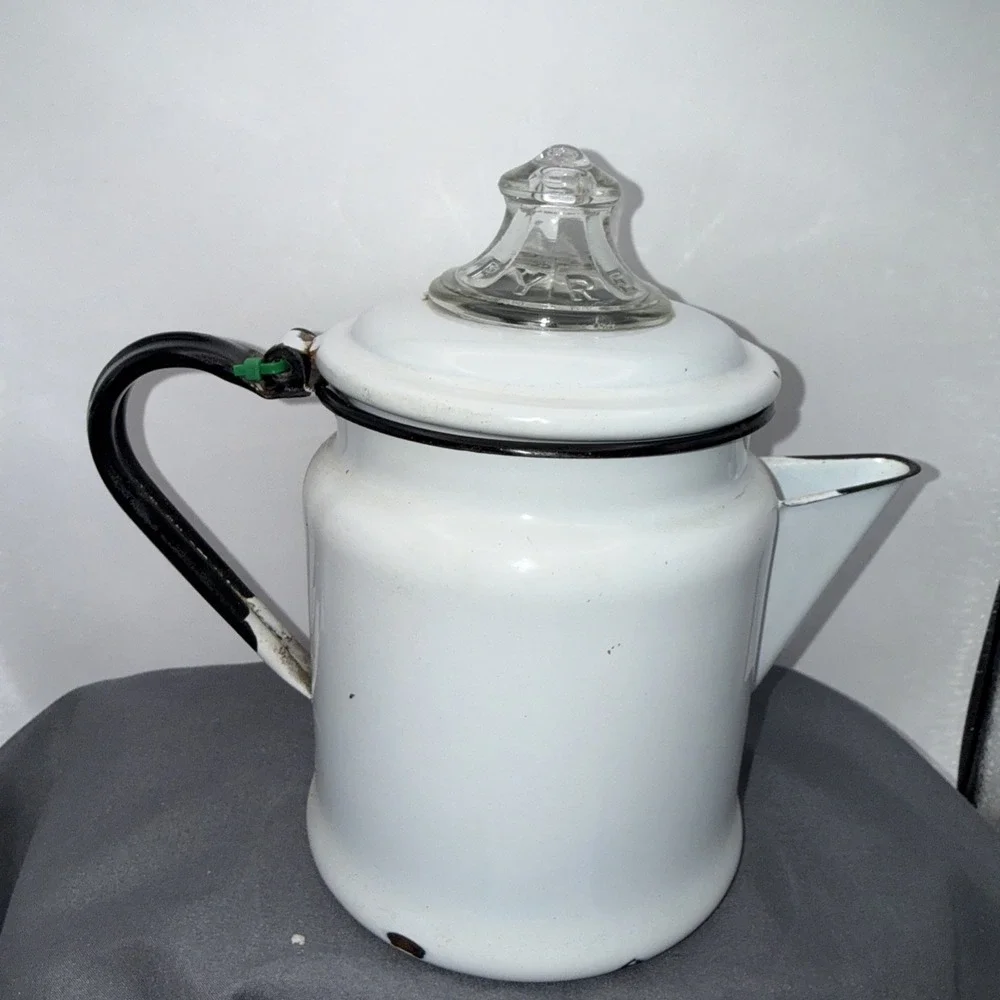 Vintage Pyrex Enamelware 2pc Coffee Pot farmhouse 7.75
